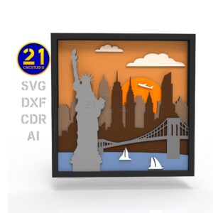 NYC 3D Multilayer Skyline Laser Cut File - Sunset Lady Liberty