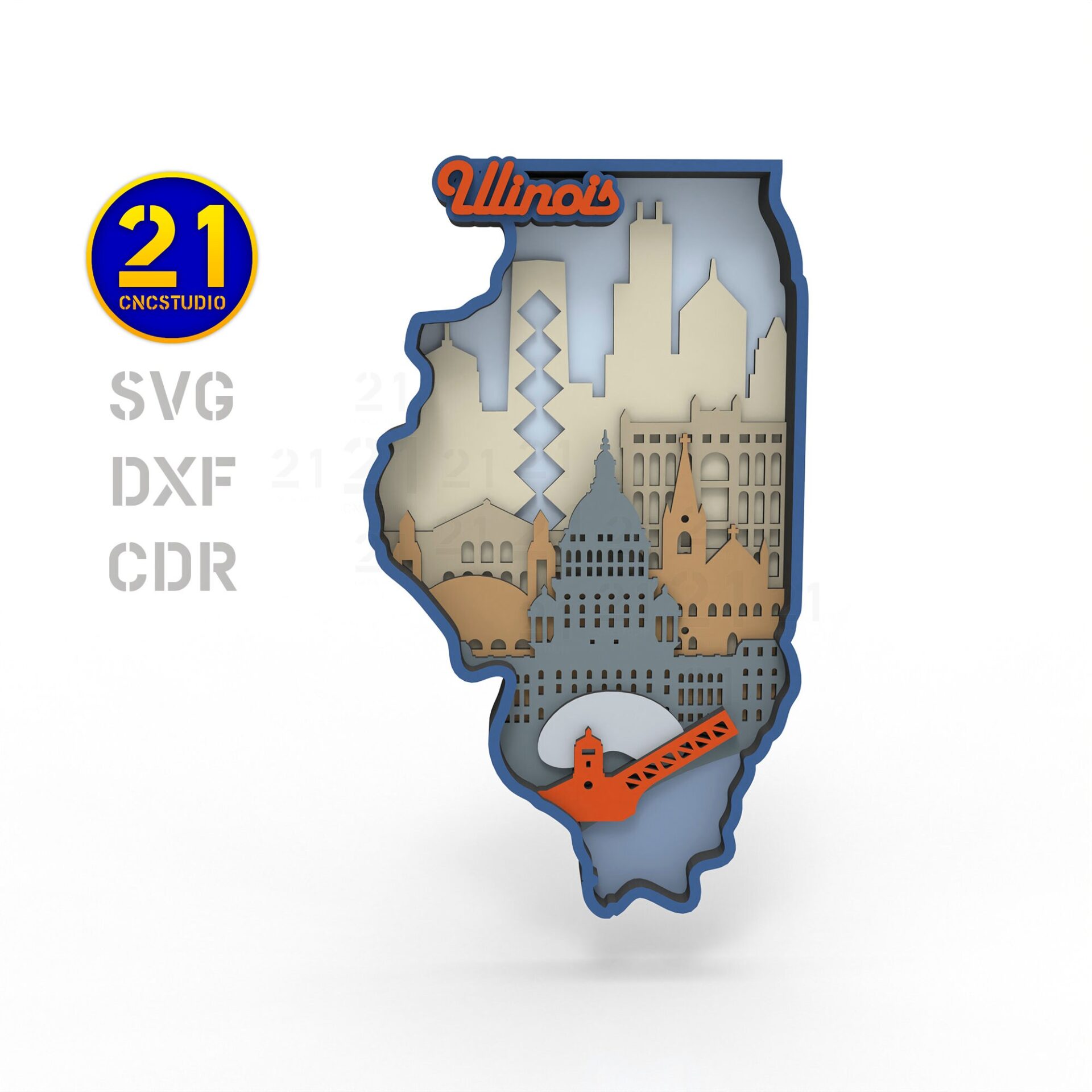 Illinois State Layered Silhouette Laser Cut File SVG DXF