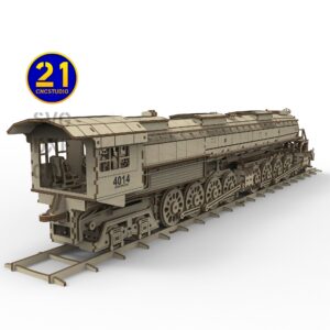 Rear quarter view of the Big Boy locomotive engine, highlighting the complex boiler structure and mechanical details.