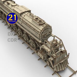 Front view of the Union Pacific Big Boy 4014 wooden laser cut model, showing detailed cowcatcher and pilot wheels.