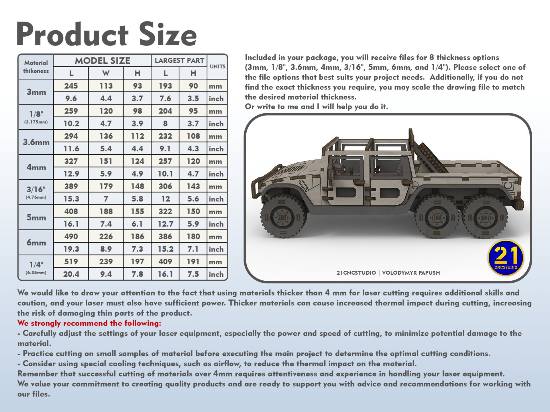 H1 Pickup 6-Wheel Laser Cut File - 1/24 Scale DIY Model Kit - Image 3