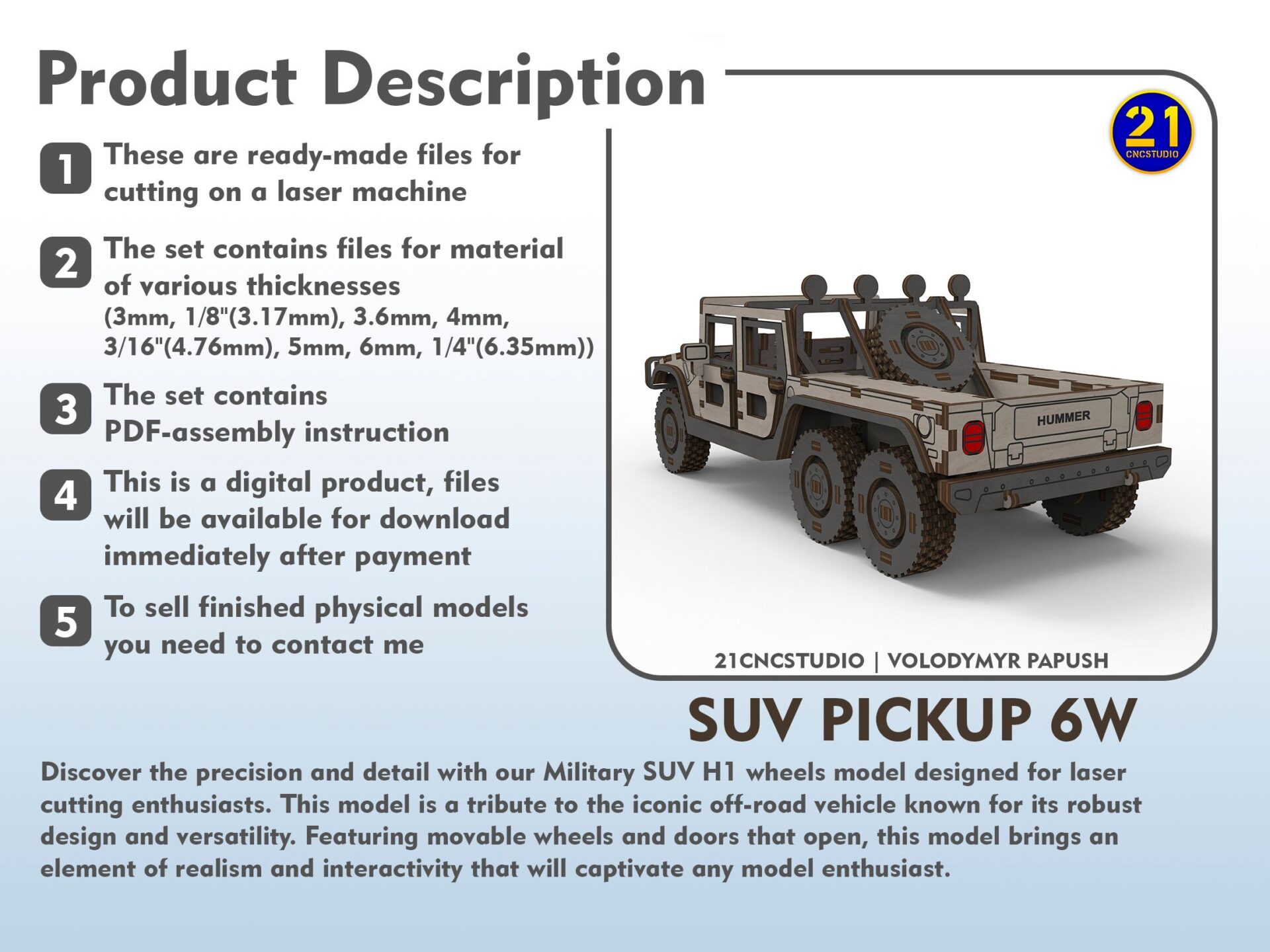 H1 Pickup 6-Wheel Laser Cut File - 1/24 Scale DIY Model Kit - Image 2