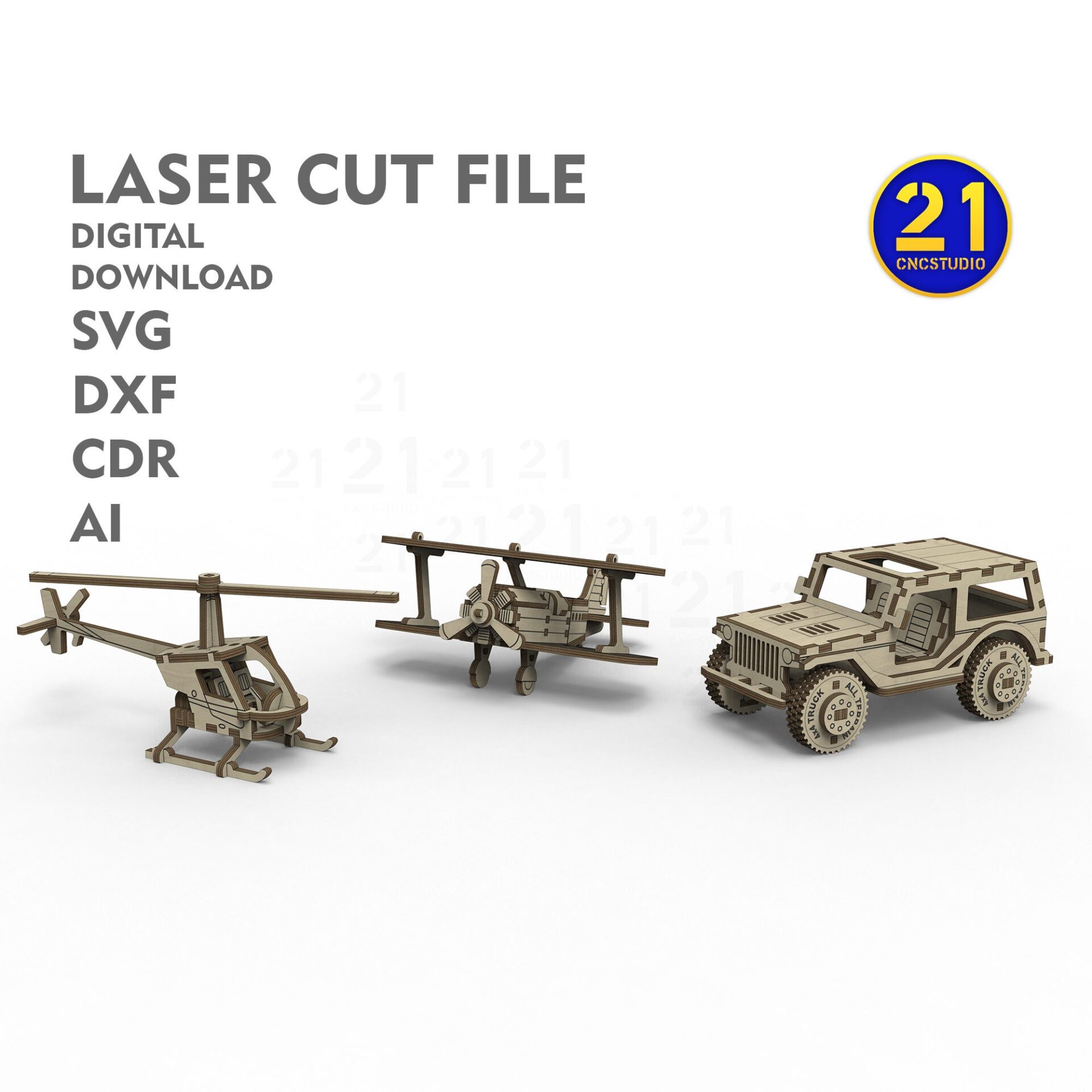 Kids' Laser Cut Vehicle Models: Helicopter, Biplane, SUV Files - Image 10