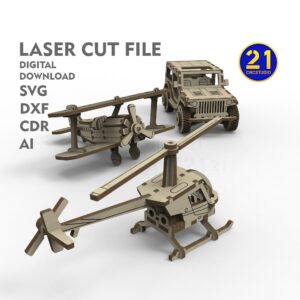 Kids' Laser Cut Vehicle Models: Helicopter, Biplane, SUV Files