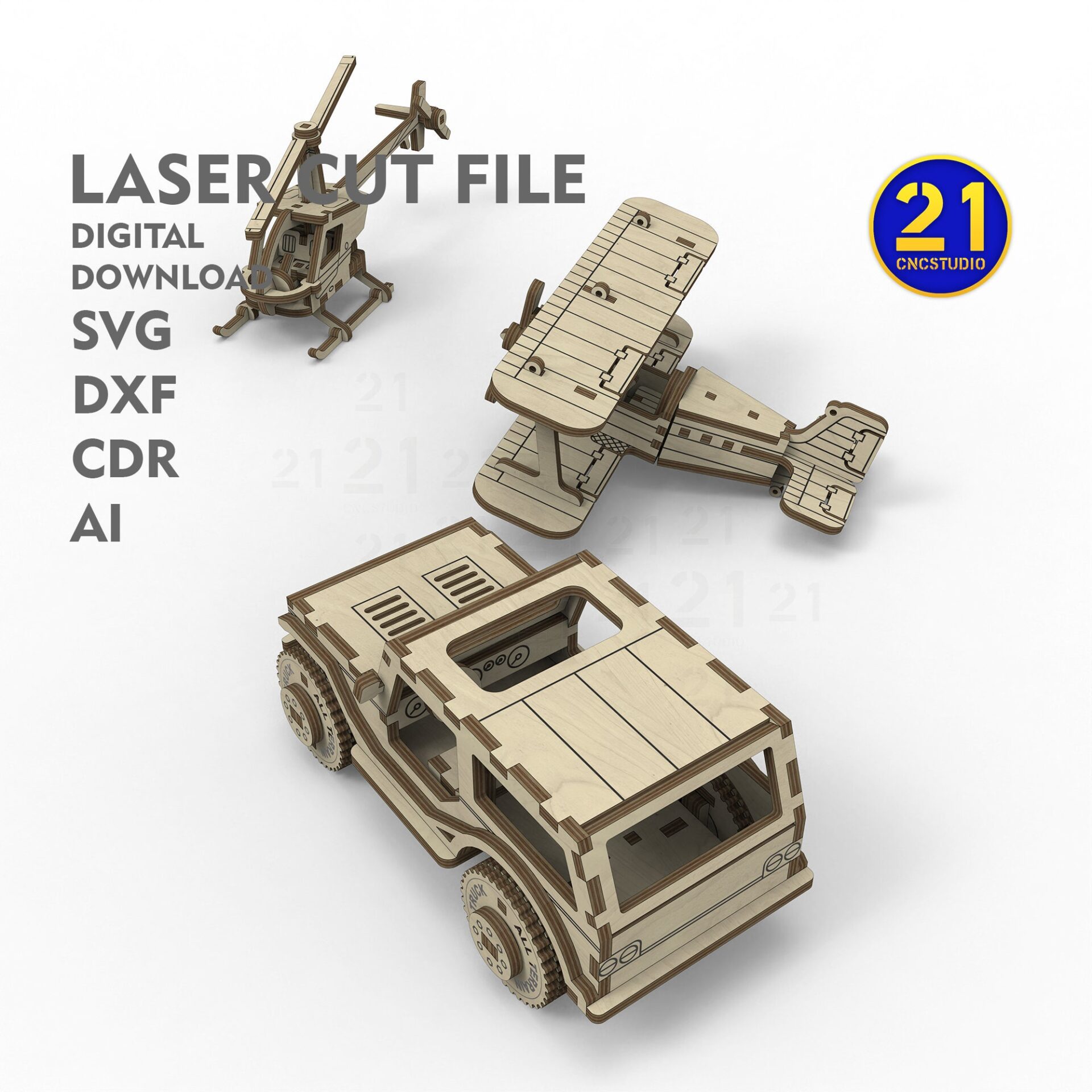 Kids' Laser Cut Vehicle Models: Helicopter, Biplane, SUV Files - Image 2