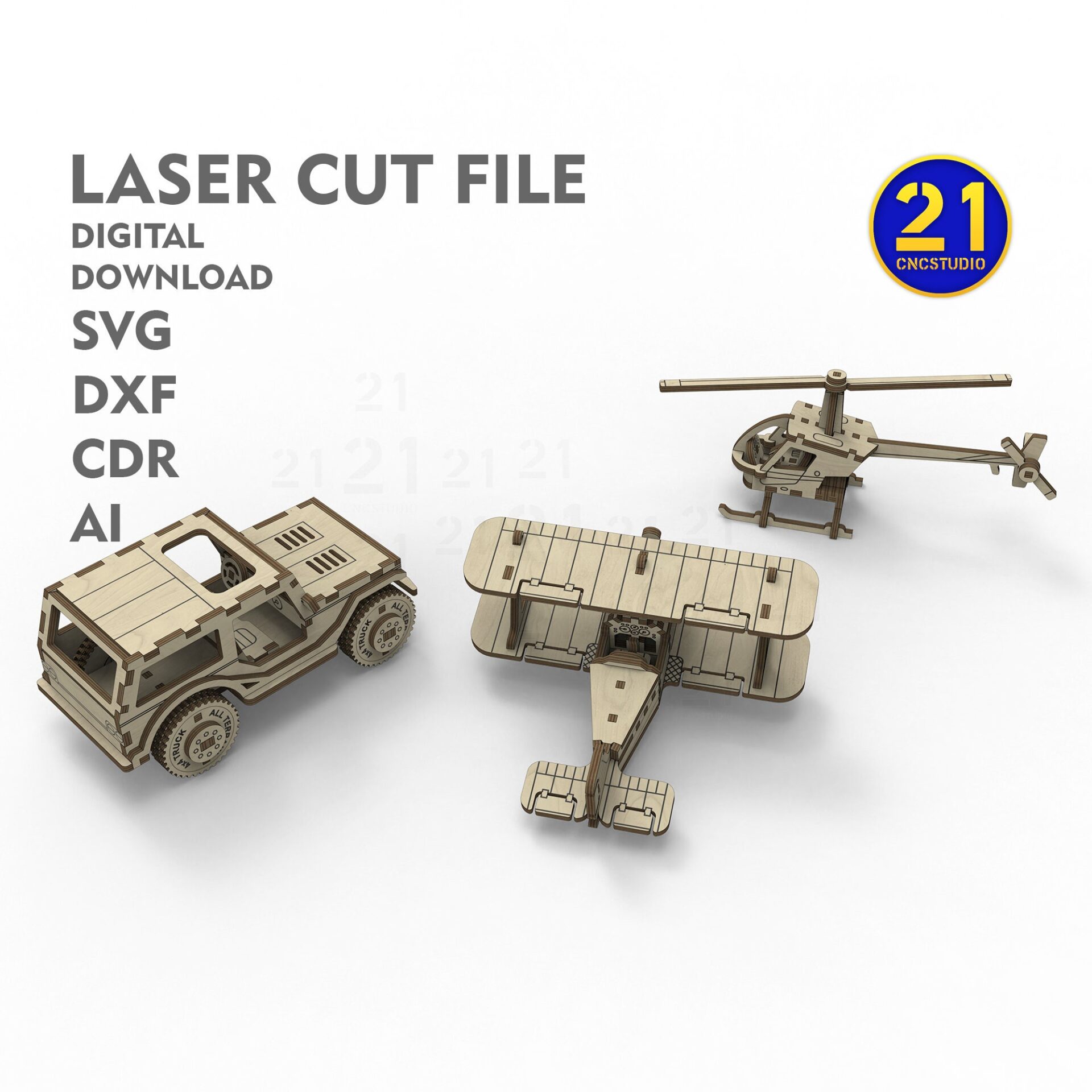 Kids' Laser Cut Vehicle Models: Helicopter, Biplane, SUV Files - Image 9