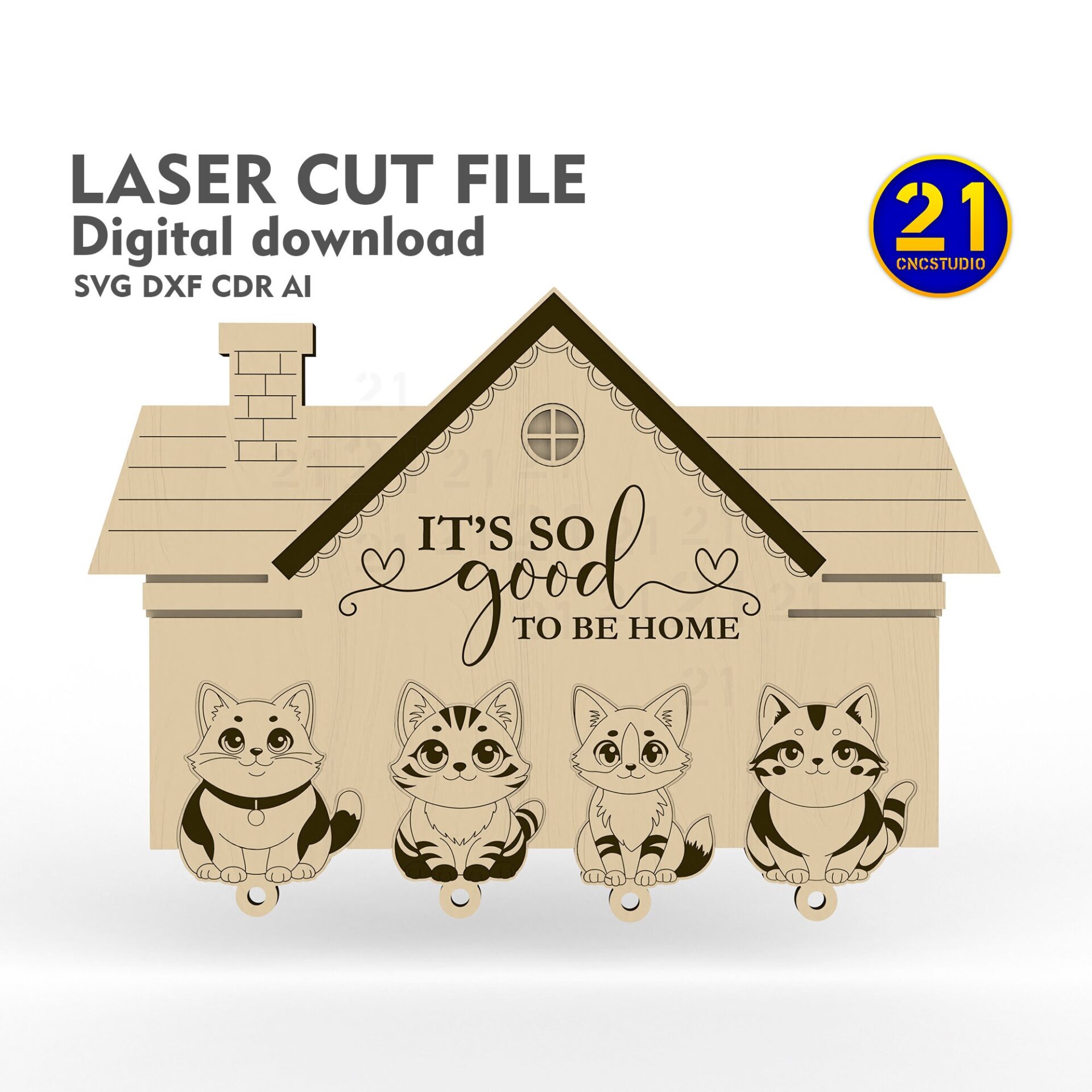 Adorable Cat Key Holder Laser Cut File - Home Sweet Home SVG DXF - Image 2