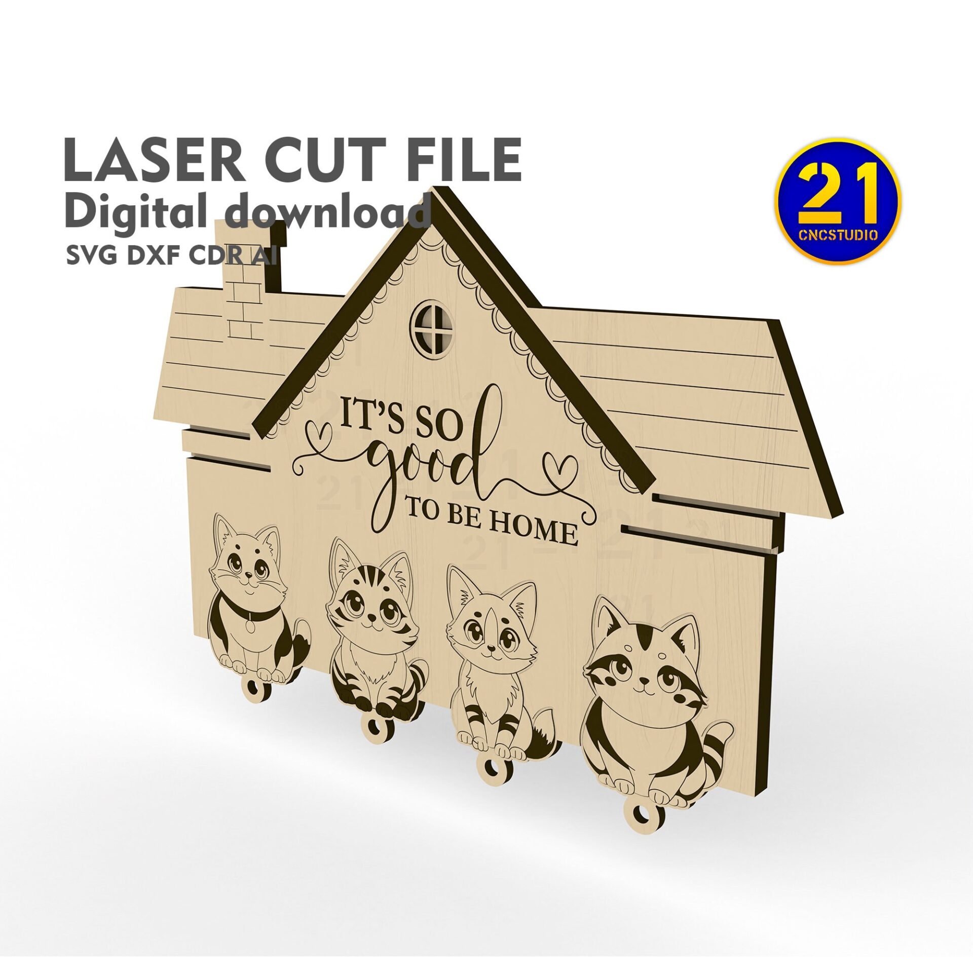 Adorable Cat Key Holder Laser Cut File - Home Sweet Home SVG DXF - Image 3