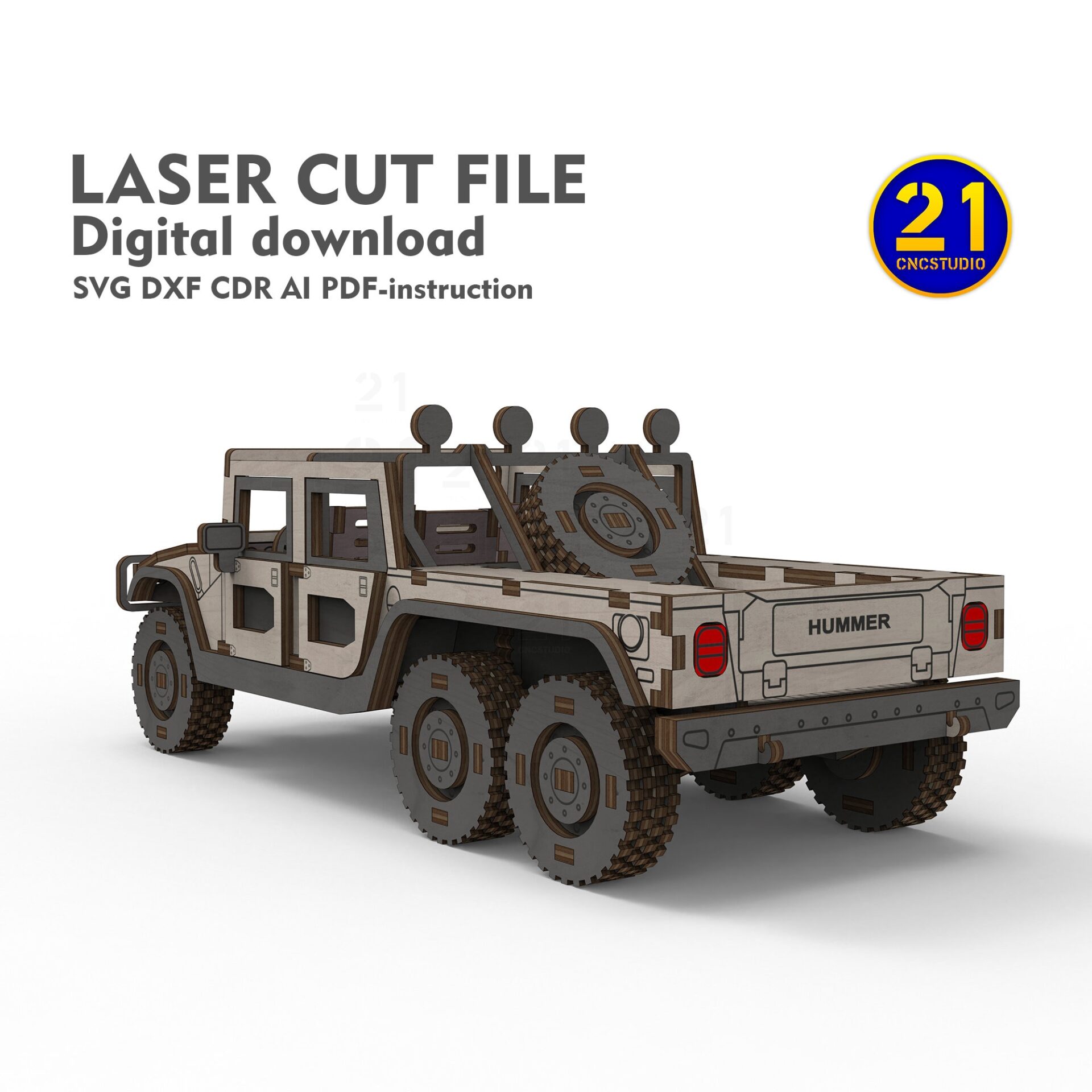 H1 Pickup 6-Wheel Laser Cut File - 1/24 Scale DIY Model Kit - Image 7