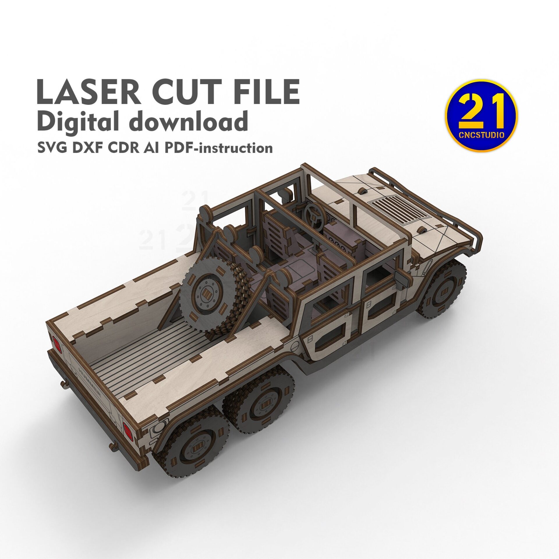 H1 Pickup 6-Wheel Laser Cut File - 1/24 Scale DIY Model Kit - Image 9