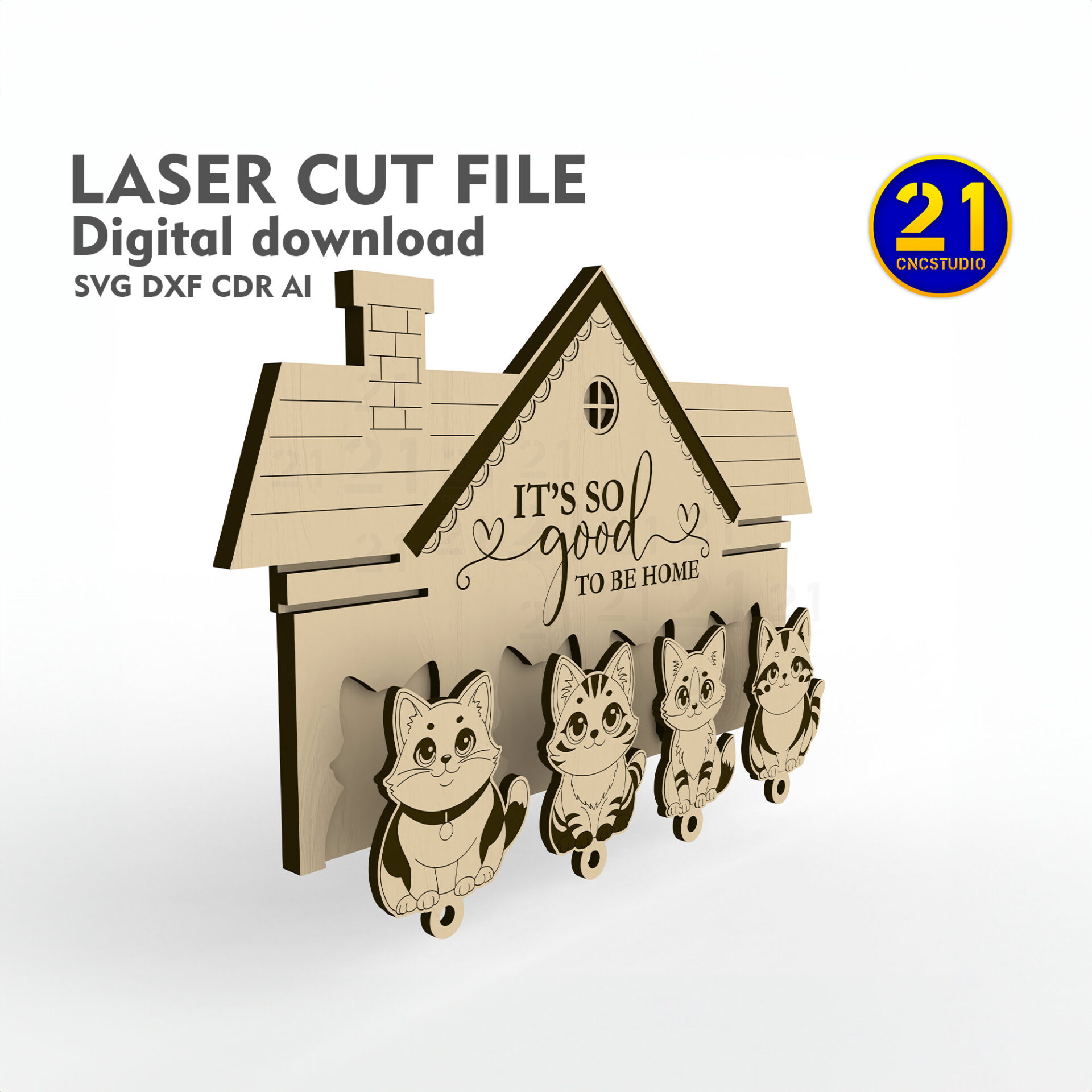 Adorable Cat Key Holder Laser Cut File - Home Sweet Home SVG DXF
