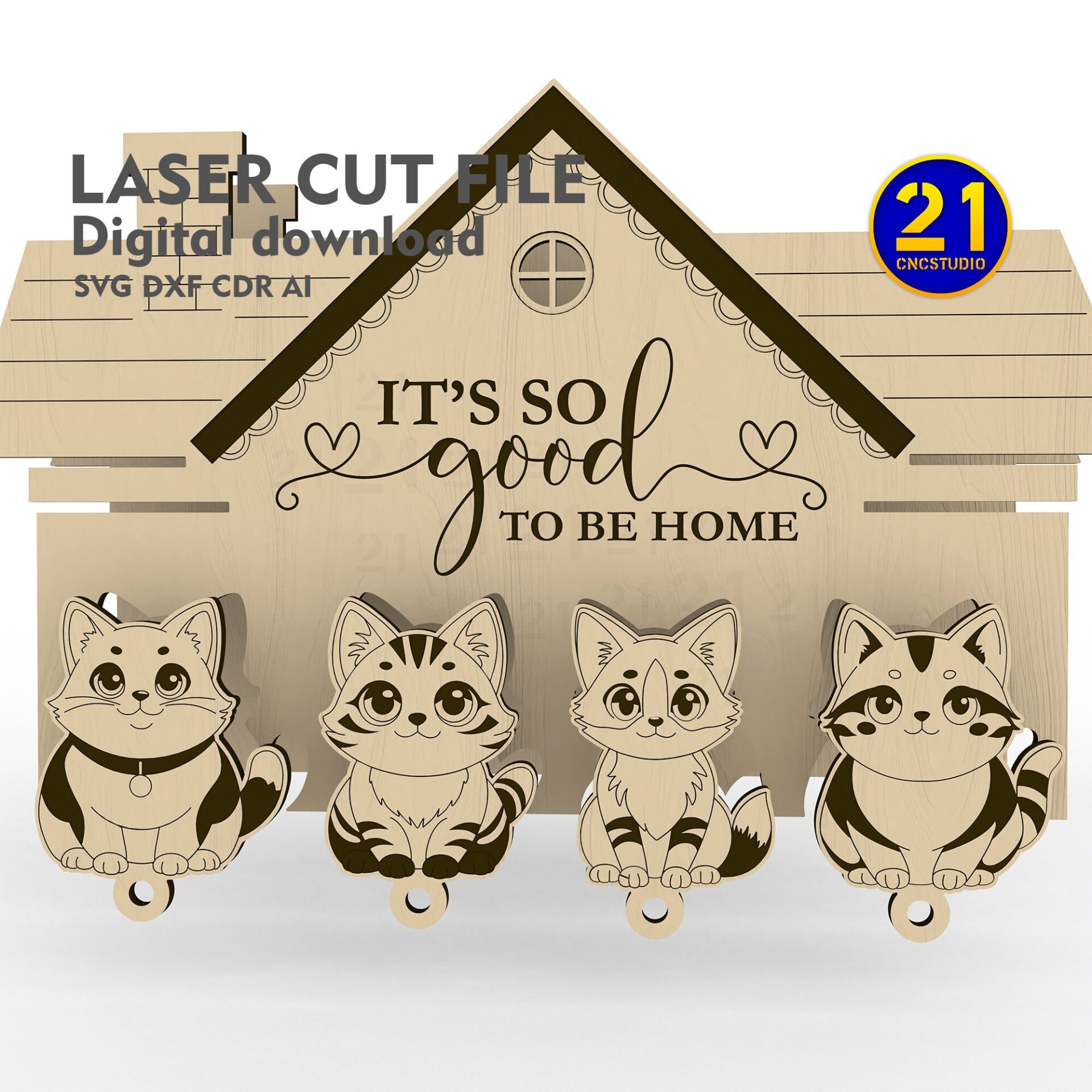 Adorable Cat Key Holder Laser Cut File - Home Sweet Home SVG DXF - Image 6