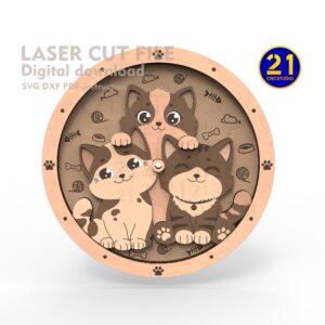 3D Layered Cat Clock SVG | Laser Cut File Digital Download