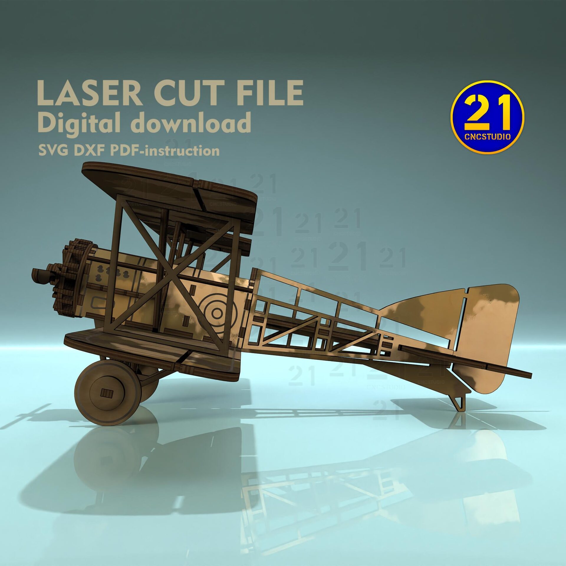 3D Biplane Laser Cut File - Vintage Airplane Model SVG DXF - Image 2