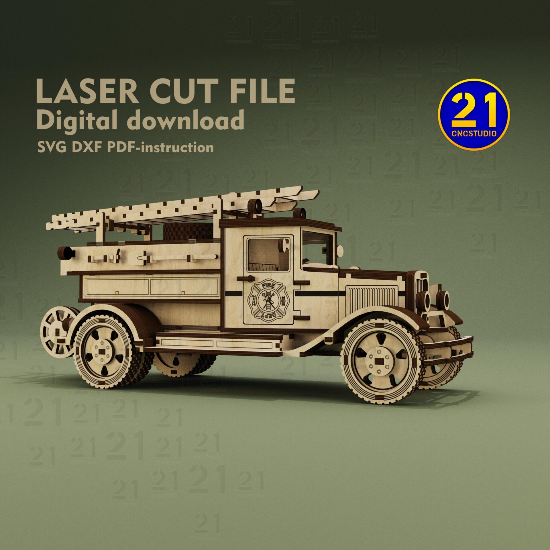 Vintage Fire Truck 3D Puzzle | Laser Cut SVG DXF Model - Image 5