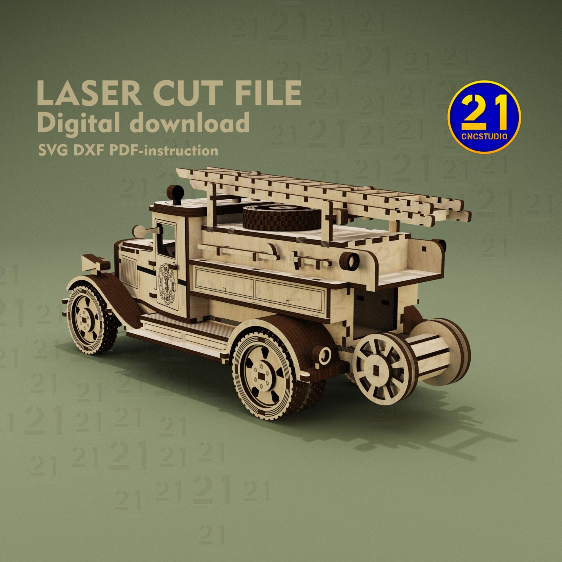 Vintage Fire Truck 3D Puzzle | Laser Cut SVG DXF Model - Image 4