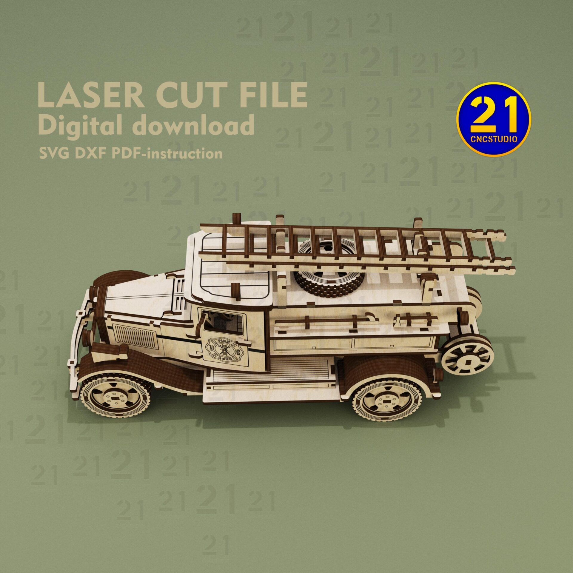 Vintage Fire Truck 3D Puzzle | Laser Cut SVG DXF Model - Image 2