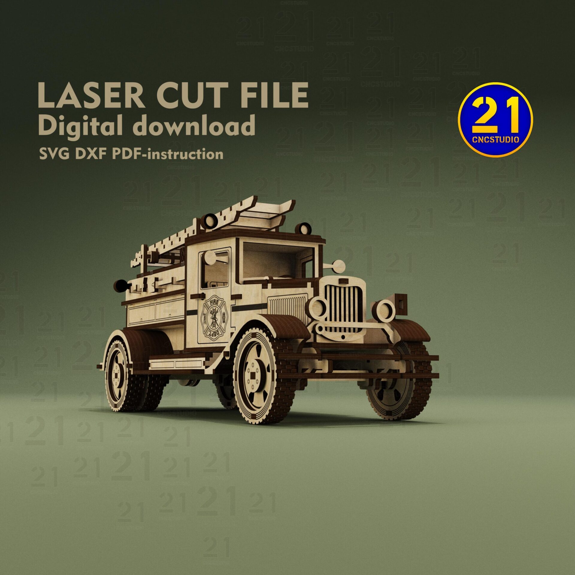 Vintage Fire Truck 3D Puzzle | Laser Cut SVG DXF Model - Image 6