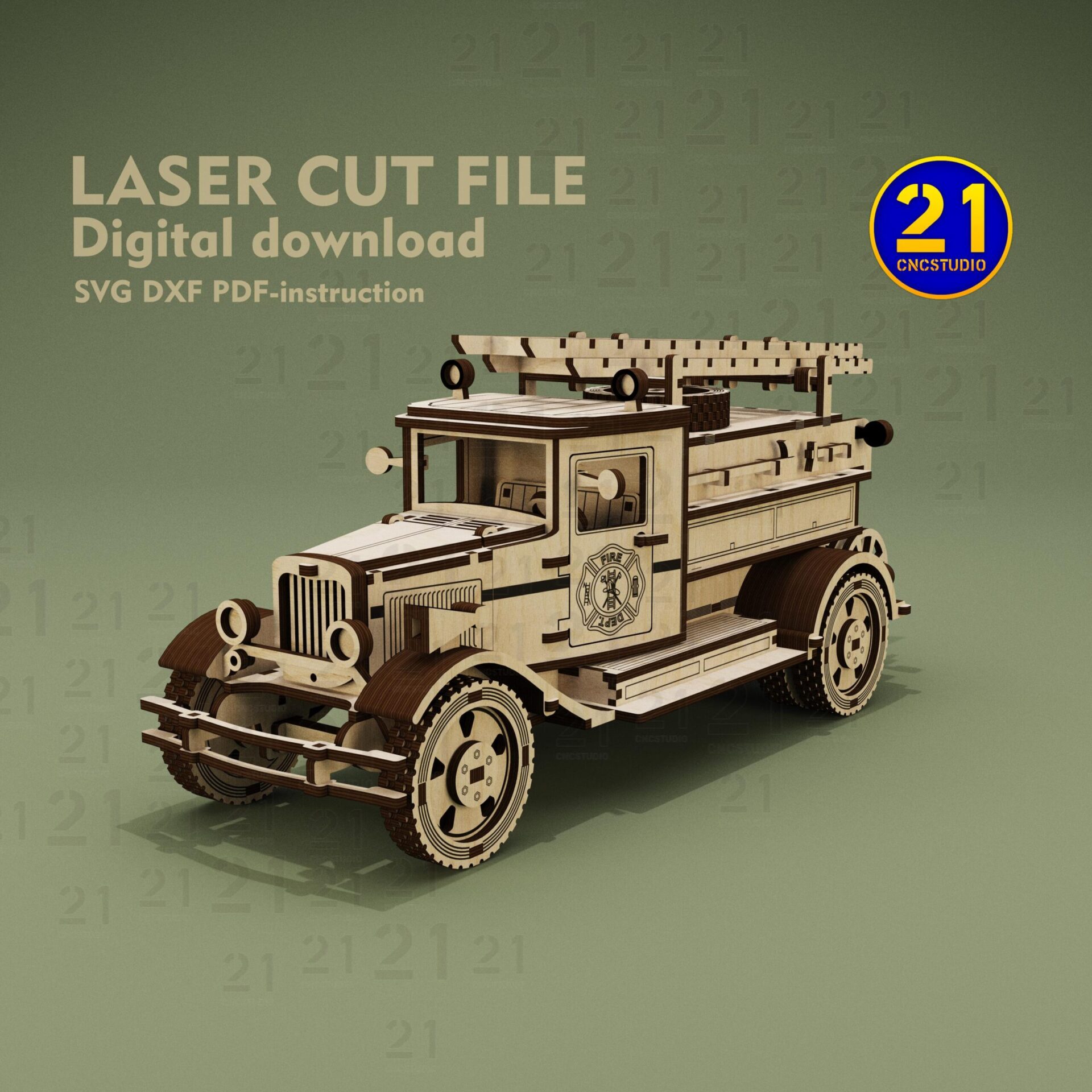 Vintage Fire Truck 3D Puzzle | Laser Cut SVG DXF Model - Image 3