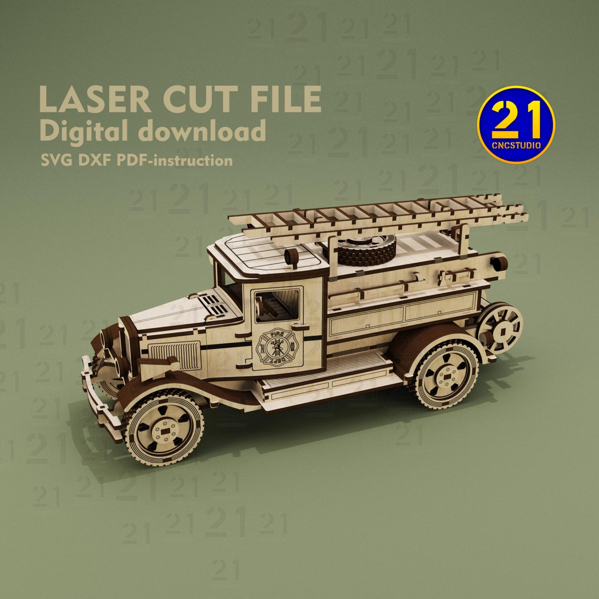 Vintage Fire Truck 3D Puzzle | Laser Cut SVG DXF Model - Image 8