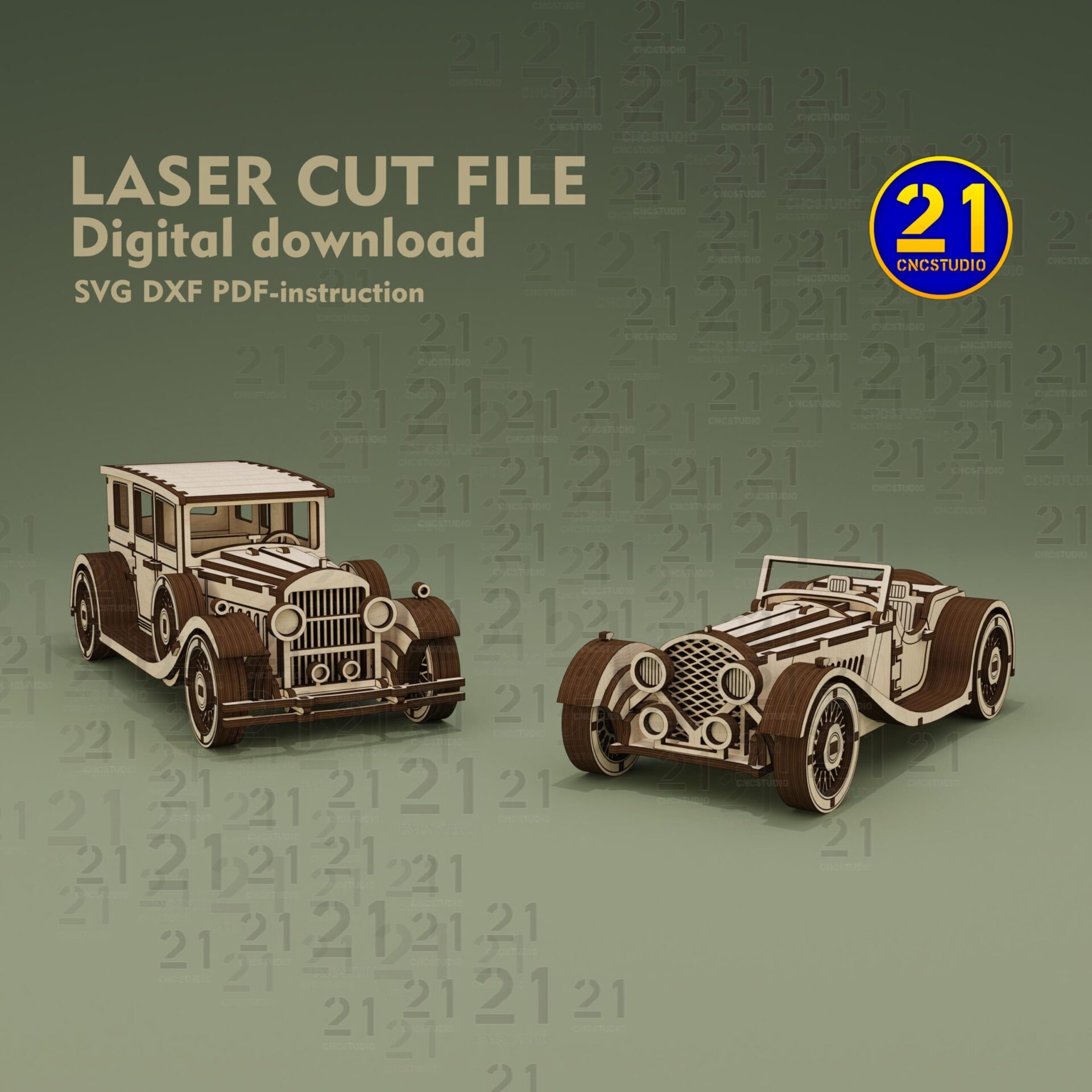 Vintage Cars Laser Cut Files | 3D Wood Puzzle SVG DXF Set - Image 4