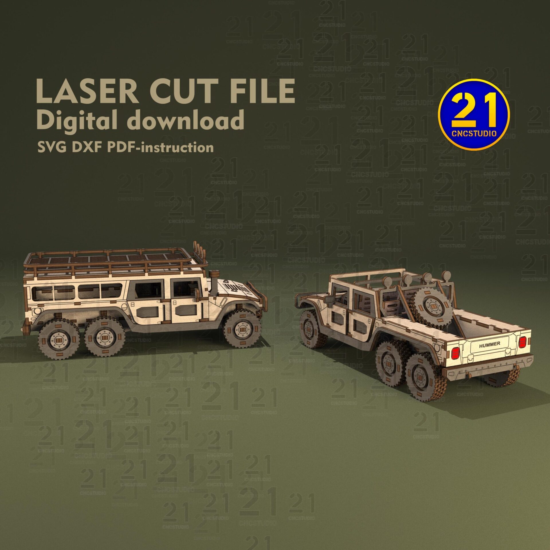 SUV H1 6-Wheel Laser Cut Files | 1/24 Scale 3D Models SVG DXF - Image 3