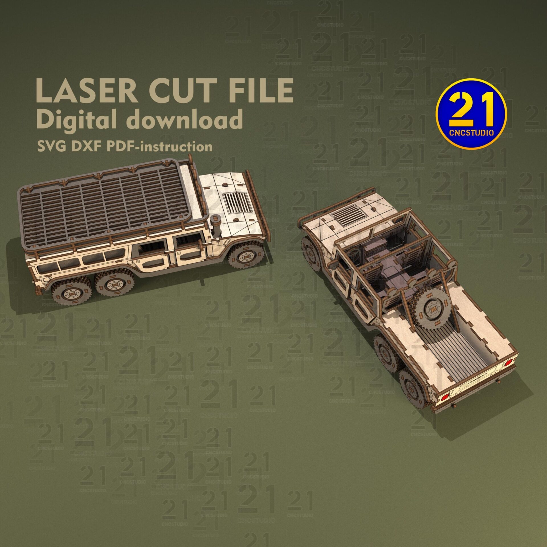 SUV H1 6-Wheel Laser Cut Files | 1/24 Scale 3D Models SVG DXF - Image 4