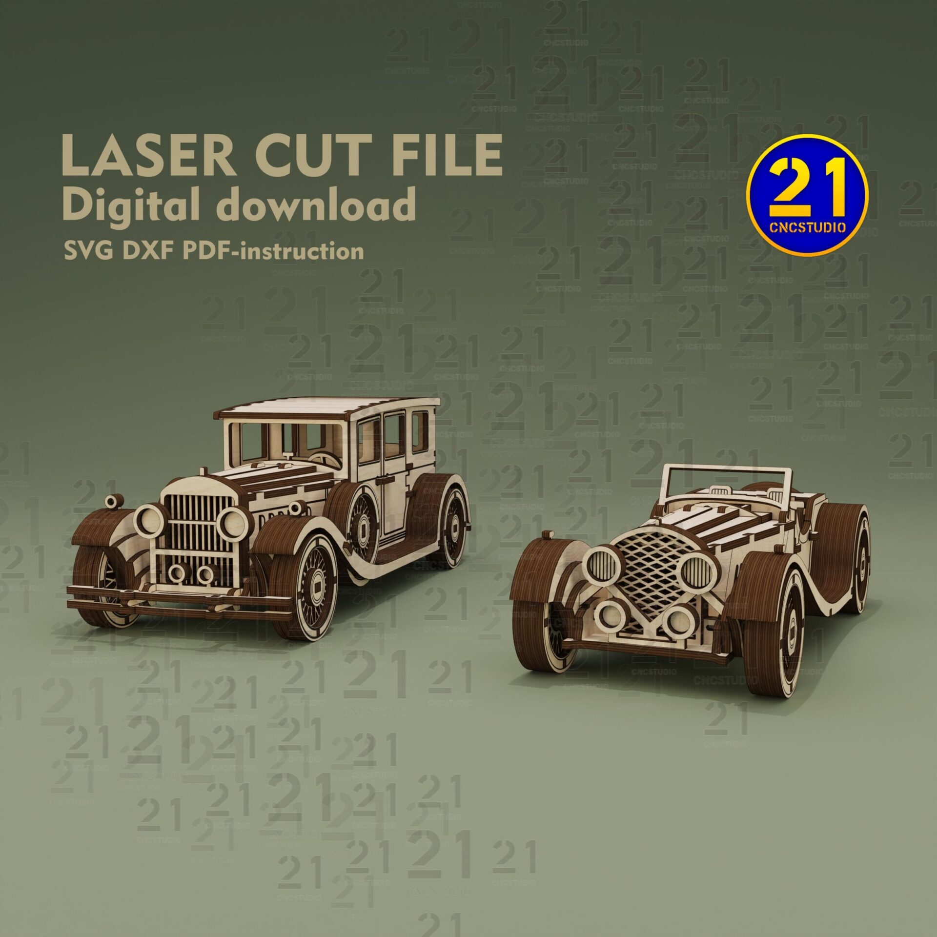 Vintage Cars Laser Cut Files | 3D Wood Puzzle SVG DXF Set - Image 6