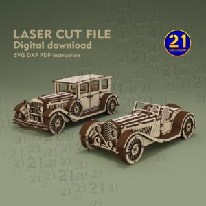 Vintage Cars Laser Cut Files | 3D Wood Puzzle SVG DXF Set