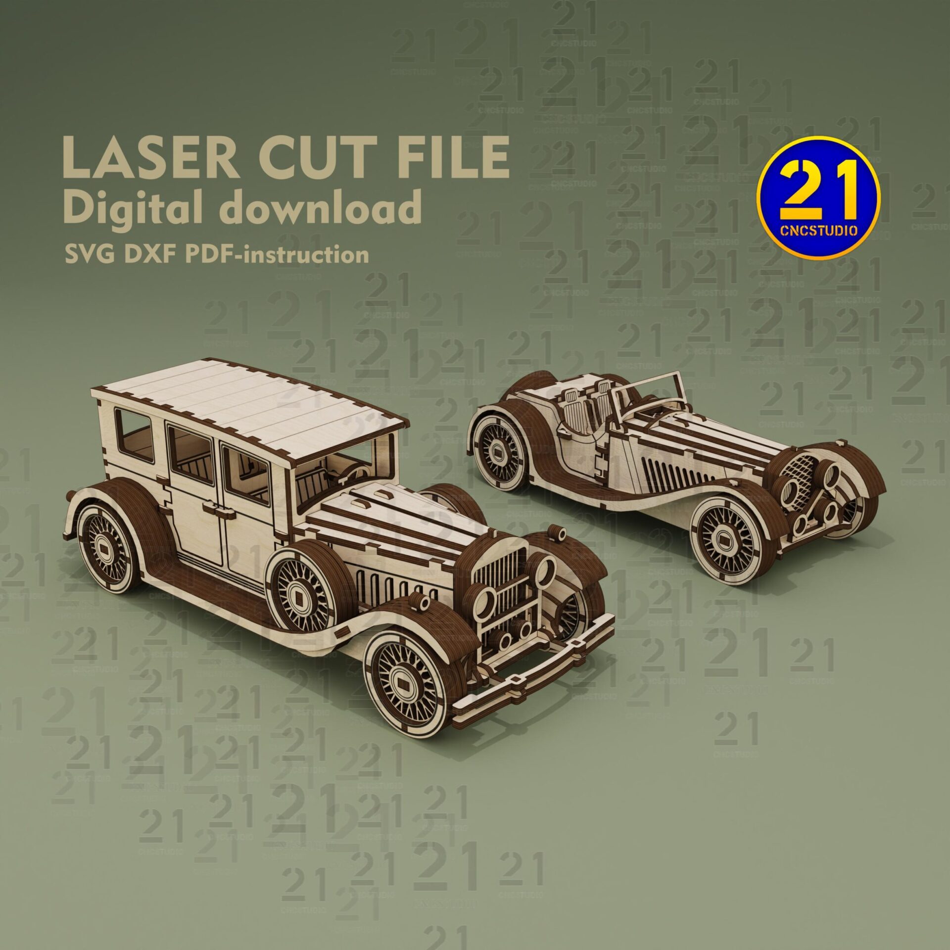 Vintage Cars Laser Cut Files | 3D Wood Puzzle SVG DXF Set - Image 5